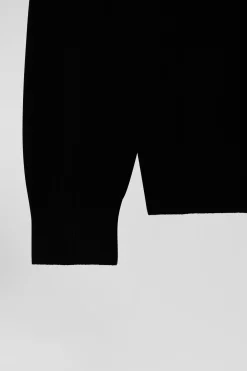 Pull col V en laine et coton noir demi-lune cerclée coupe Regular