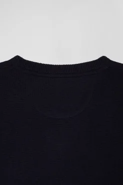 Pull col V en laine et coton bleu marine demi-lune cerclée coupe Regular