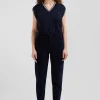 Pull col V sans manches en coton torsadé bleu marine coupe Relaxed