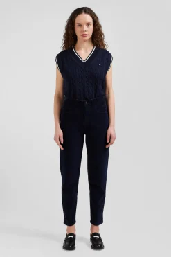 Pull col V sans manches en coton torsadé bleu marine coupe Relaxed