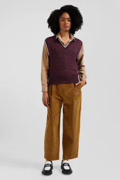 Pull col V sans manches en coton torsadé bordeaux coupe Relaxed