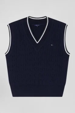 Pull col V sans manches en coton torsadé bleu marine coupe Relaxed