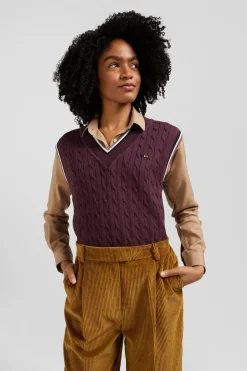 Pull col V sans manches en coton torsadé bordeaux coupe Relaxed