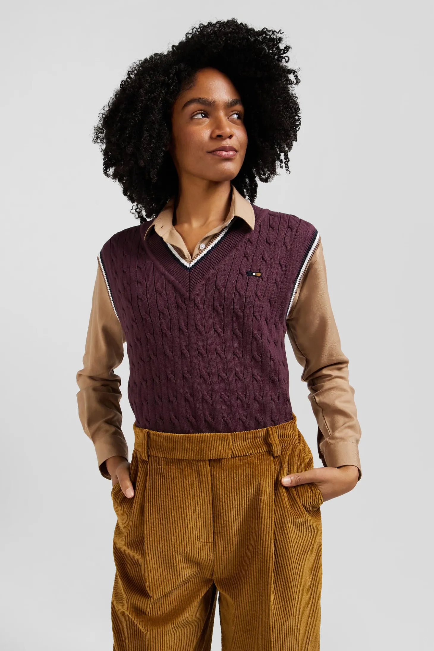Pull col V sans manches en coton torsadé bordeaux coupe Relaxed