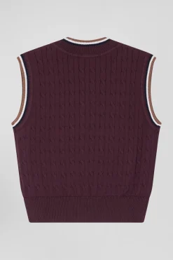 Pull col V sans manches en coton torsadé bordeaux coupe Relaxed