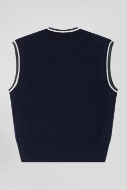 Pull col V sans manches en coton torsadé bleu marine coupe Relaxed
