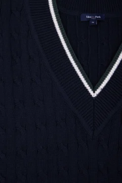 Pull col V sans manches en coton torsadé bleu marine coupe Relaxed