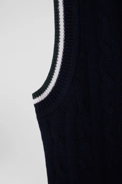 Pull col V sans manches en coton torsadé bleu marine coupe Relaxed