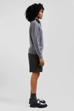 Pull femme col maillot en laine gris chiné coupe Regular