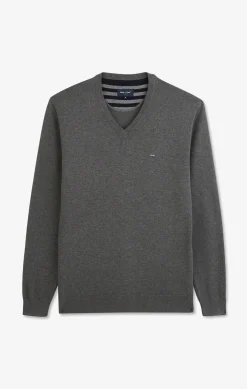 Pull gris à Col V en coton
