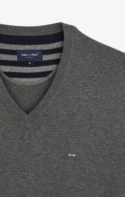 Pull gris à Col V en coton