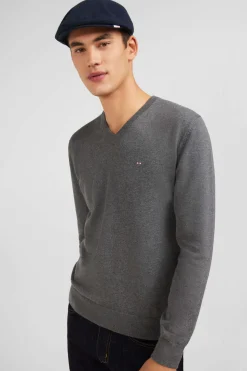 Pull gris à Col V en coton