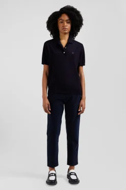 Pull manches courtes à col polo en laine bleu marine coupe Regular