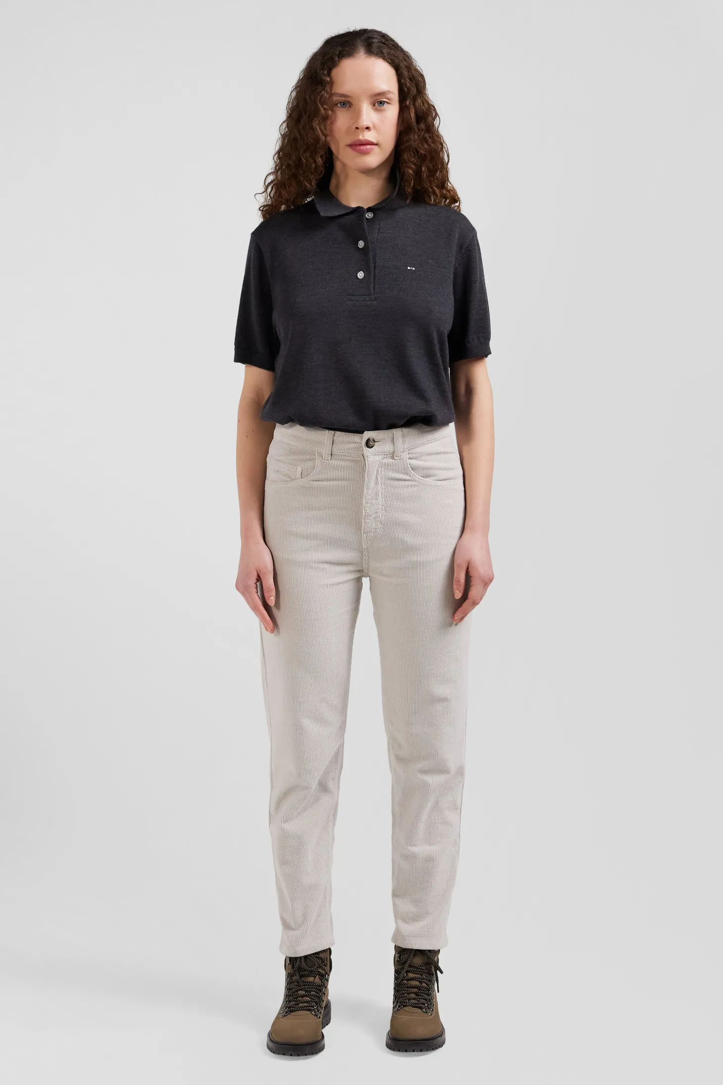 Pull manches courtes à col polo en laine gris anthracite coupe Regular