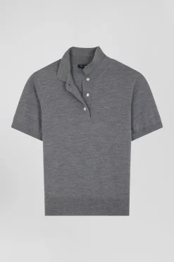 Pull manches courtes à col polo en laine gris foncé coupe Regular