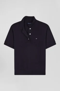 Pull manches courtes à col polo en laine bleu marine coupe Regular