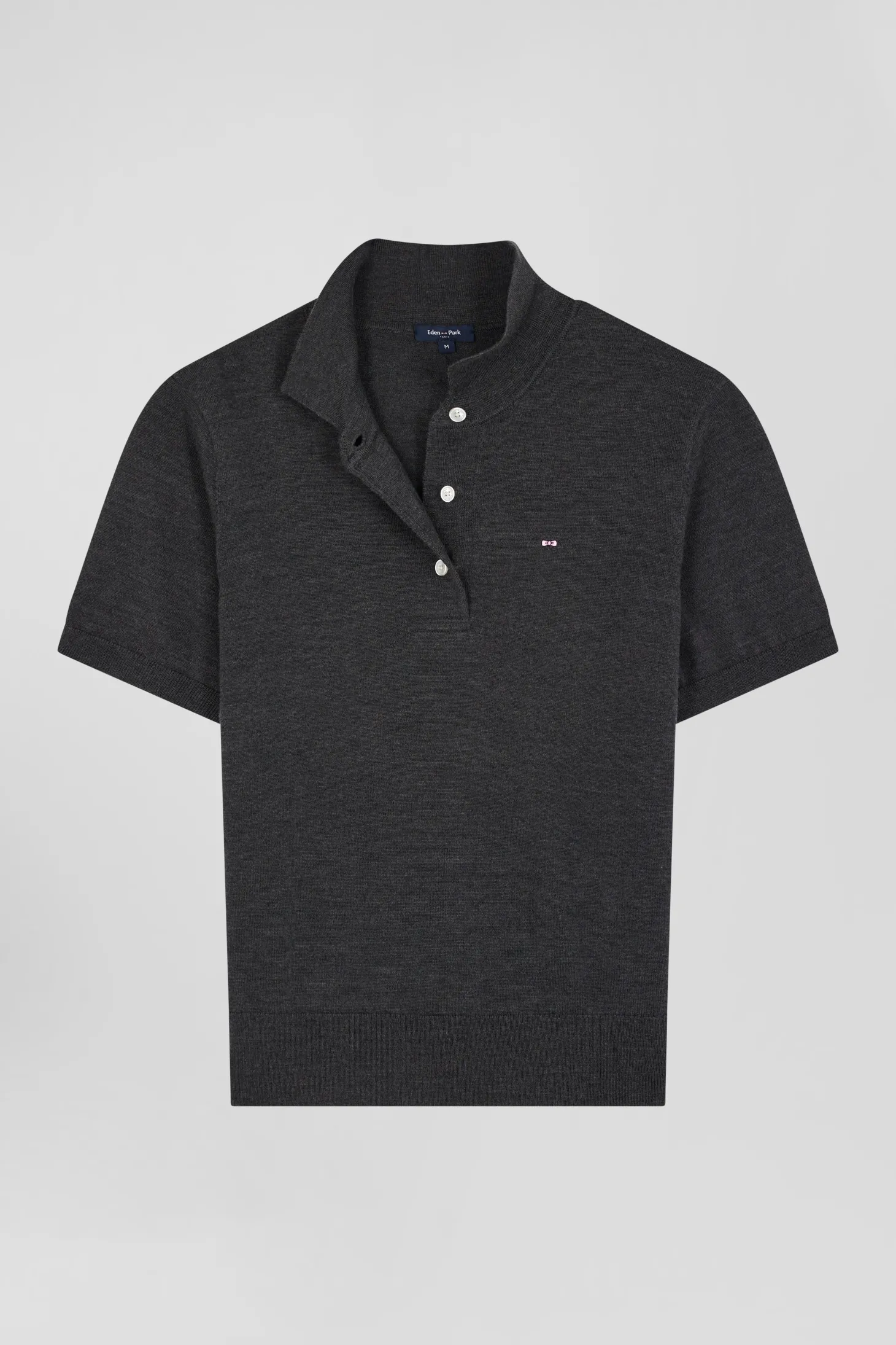 Pull manches courtes à col polo en laine gris anthracite coupe Regular