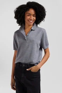 Pull manches courtes à col polo en laine gris foncé coupe Regular