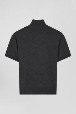 Pull manches courtes à col polo en laine gris anthracite coupe Regular