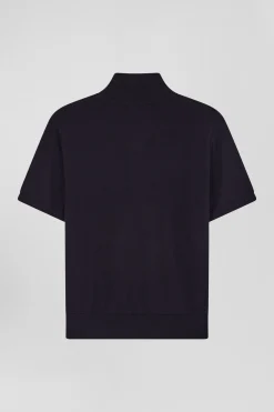 Pull manches courtes à col polo en laine bleu marine coupe Regular