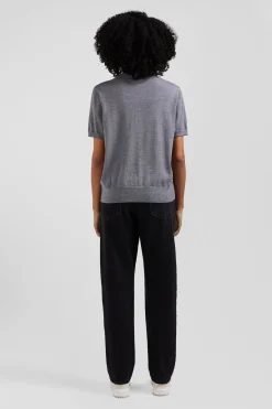 Pull manches courtes à col polo en laine gris foncé coupe Regular