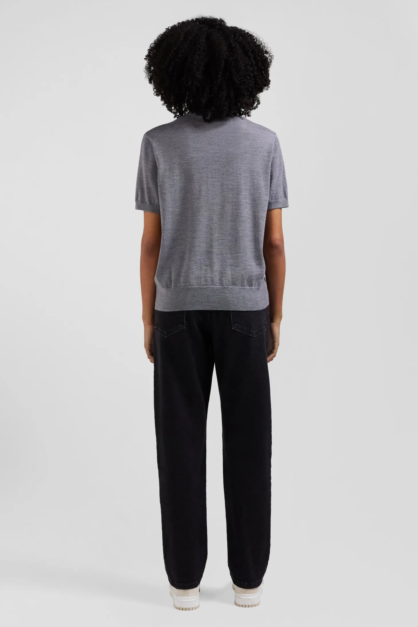 Pull manches courtes à col polo en laine gris foncé coupe Regular