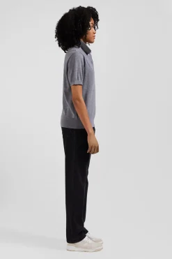 Pull manches courtes à col polo en laine gris foncé coupe Regular