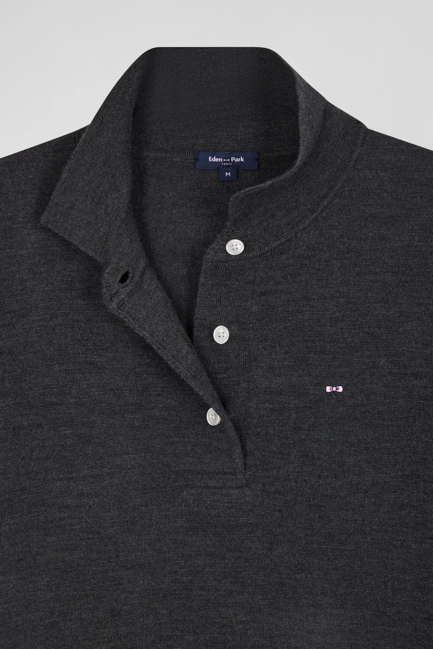 Pull manches courtes à col polo en laine gris anthracite coupe Regular