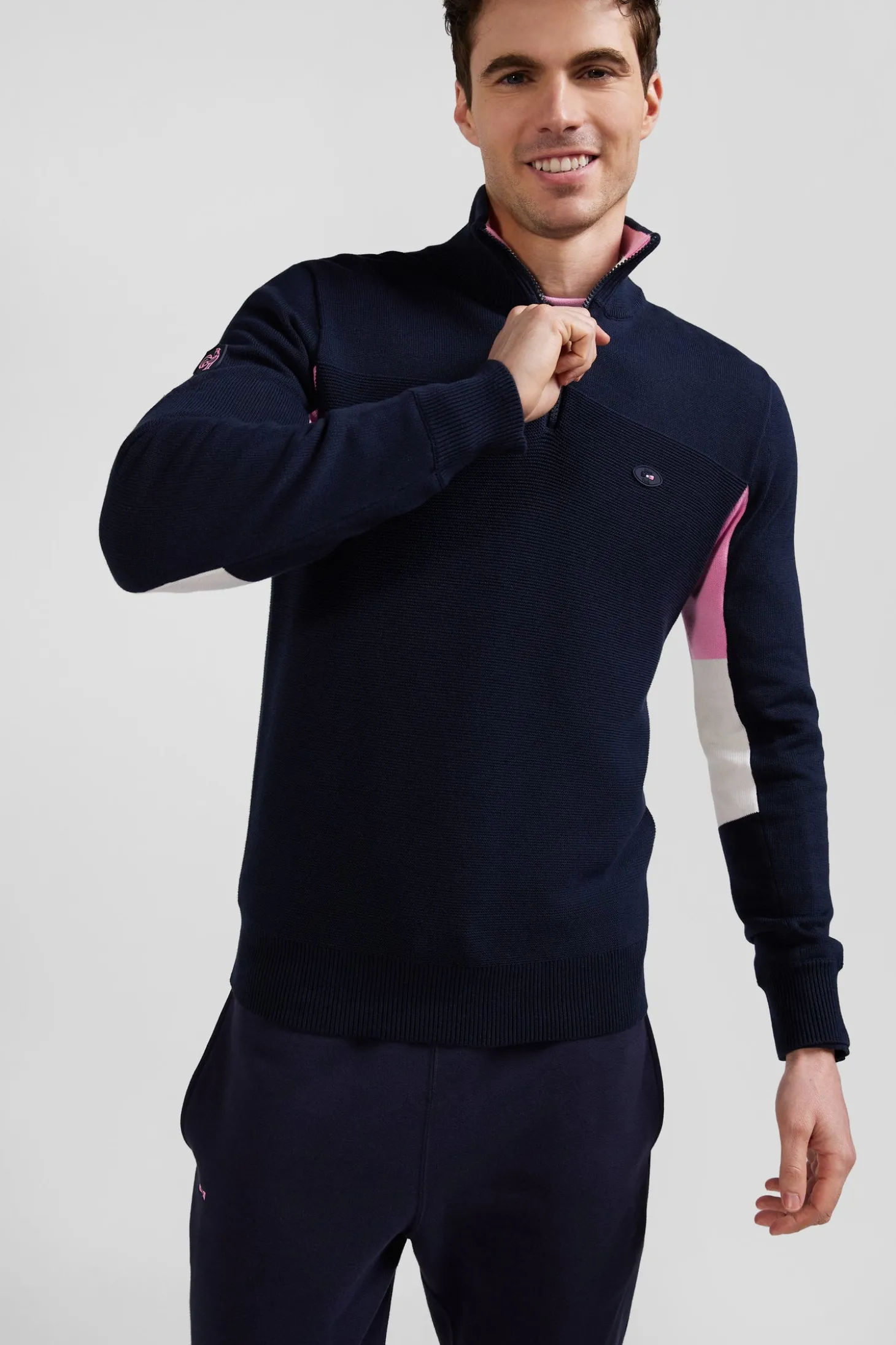Pull zippé en coton bleu marine XV de France coupe Regular