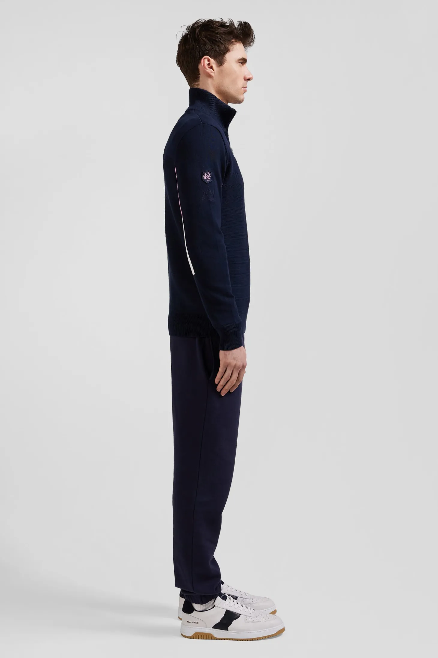 Pull zippé en coton bleu marine XV de France coupe Regular