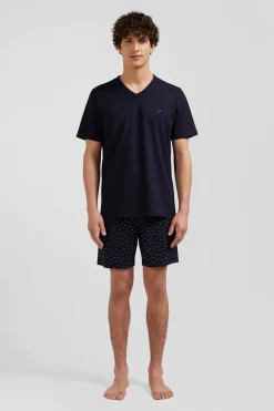 Pyjama court en coton short à micro-motifs bleu marine