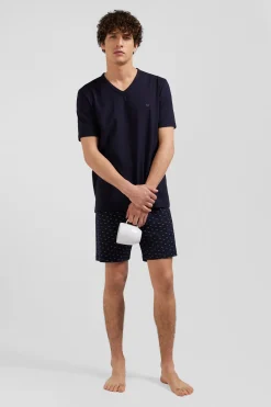 Pyjama court en coton short à micro-motifs bleu marine