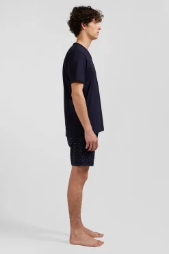 Pyjama court en coton short à micro-motifs bleu marine