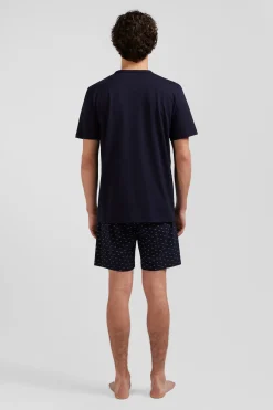 Pyjama court en coton short à micro-motifs bleu marine