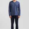 Pyjama long en coton bleu foncé pantalon à micromotifs nœuds papillon