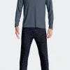 Pyjama long en coton bleu foncé pantalon à micromotifs