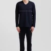 Pyjama long en coton bleu marine liseré blanc