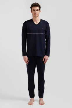 Pyjama long en coton bleu marine liseré blanc