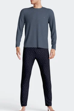 Pyjama long en coton bleu foncé pantalon à micromotifs