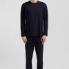 Pyjama long en coton bleu marine pantalon à micromotifs