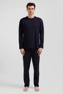 Pyjama long en coton bleu marine pantalon à micromotifs
