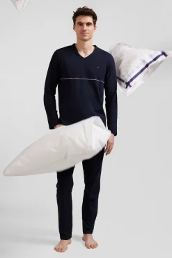 Pyjama long en coton bleu marine liseré blanc