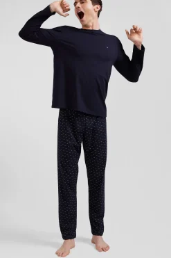 Pyjama long en coton bleu marine pantalon à micromotifs