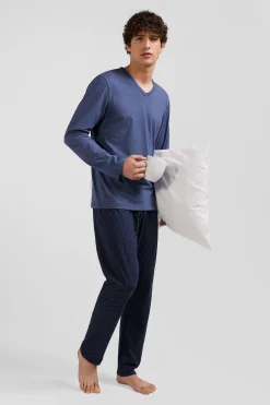 Pyjama long en coton bleu foncé pantalon à micromotifs nœuds papillon