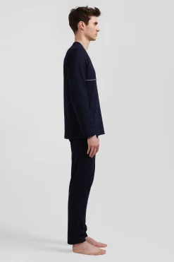 Pyjama long en coton bleu marine liseré blanc