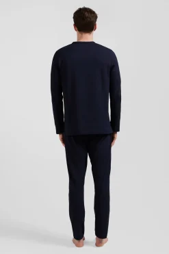 Pyjama long en coton bleu marine liseré blanc