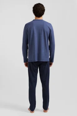 Pyjama long en coton bleu foncé pantalon à micromotifs nœuds papillon