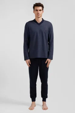 Pyjama long en coton mélangé bleu marine