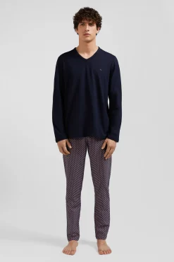 Pyjama long en coton rose pantalon à micromotifs nœuds papillon