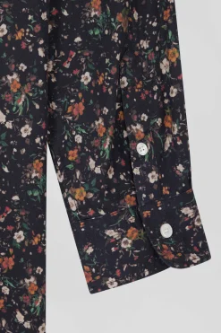 Robe chemise en lyocell noir à imprimé floral